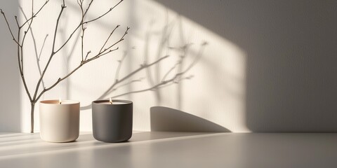 Two candles with a minimalist design, one white and one black, placed on a white table with a branch and shadows on a white wall in the background.