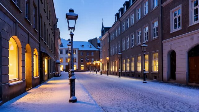 Twilight to night on european street sequential lamp ignition snowfall cafe glow car light trails upper third clear sky for text no people no logos. Concept of nostalgic winter city charm