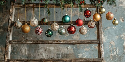 A rustic wooden ladder adorned with a variety of colorful Christmas ornaments, including red, green, gold, and silver baubles, hanging from the rungs and branches of a festive green garland.