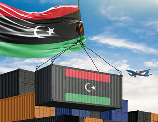 Libyan Shipping Container: A crane suspends a container adorned with the Libyan flag, poised above a stack of other shipping containers, with a plane soaring in the background.