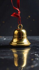 Golden bell with a red ribbon, reflecting light.