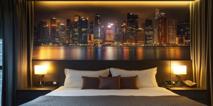A luxurious hotel room with a large bed, a city skyline backdrop, and warm lighting.