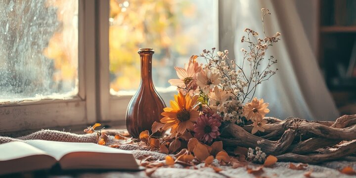 A wooden table with a vase of flowers and a book in a cozy, autumnal setting with a window in the background.