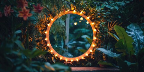 A circular mirror with fairy lights in a lush, tropical garden setting, surrounded by lush greenery and vibrant flowers.