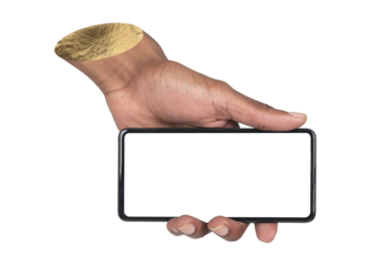 Phone in hand. African American man holding smartphone in horizontal orientation with clear blank