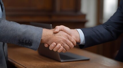 A professional handshake seals a business agreement between two individuals in an office setting symbolizing trust and partnership