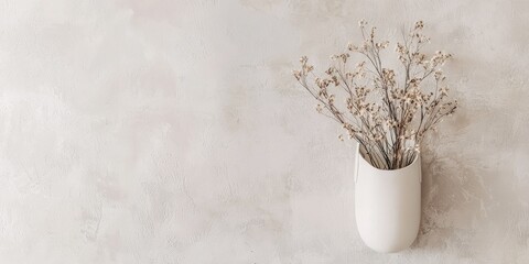 A white vase with dried flowers on a light-colored wall, with a neutral background.
