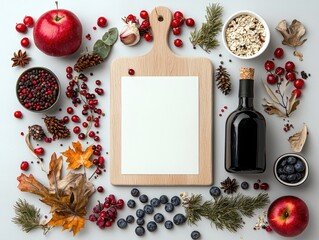 A flat lay composition of fresh autumn ingredients like apples, berries, spices, and pinecones surrounding a wooden cutting board with a blank paper.