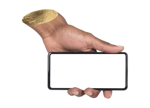 Phone in hand. African American man holding smartphone in horizontal orientation with clear blank