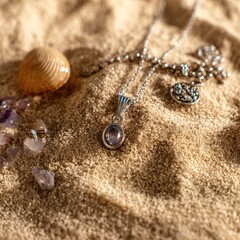 A silver necklace with a purple gemstone pendant lies on a sandy beach, surrounded by seashells and amethyst stones.