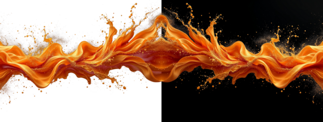 Abstract Orange Splashes and Swirls on Black Background Dynamic Design Elements, Creative Backgrounds.