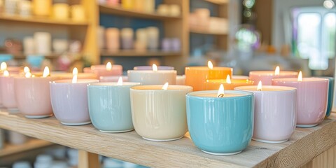 A variety of colorful candles with lit flames, arranged on a wooden shelf in a cozy, well-lit shop environment.
