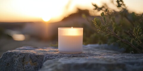 A single lit candle with a frosted glass holder, placed on a stone ledge with a blurred background of a sunset and foliage.