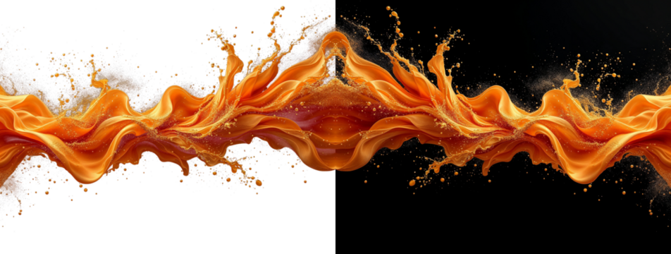 Abstract Orange Splashes and Swirls on Black Background Dynamic Design Elements, Creative Backgrounds.
