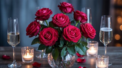 A romantic evening scene featuring a lush bouquet of deep red roses two flutes of champagne and flickering candlelight creating a warm ambiance