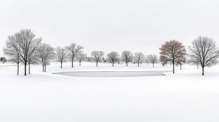 A serene winter scene featuring a line of bare trees bordering a frozen pond, all blanketed in fresh snow.