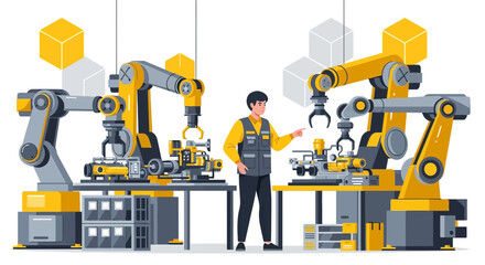 Automated manufacturing cell with robotic arms and operator overseeing advanced processes