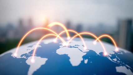 Global Network Connections: Dynamic illustration showcasing a network of glowing lines intertwining across a spherical world map.