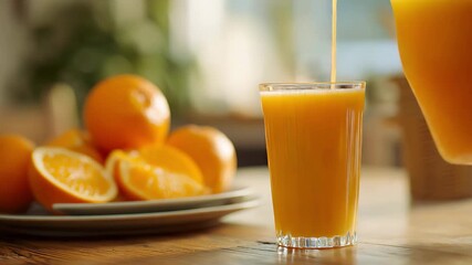 Pouring fresh orange juice into a glass with whole and sliced oranges - Powered by Adobe