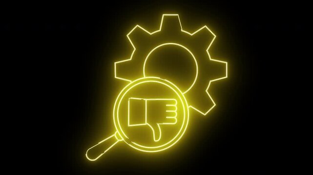 Yellow neon gear thumbs down in magnifying glass on black
