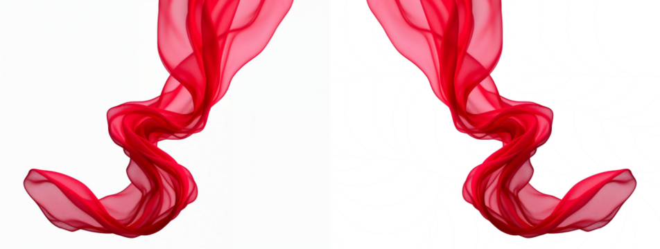 Elegant Flowing Red Fabric Overlay on White Background, Transparent Silk, Textile Texture, Decorative Elements, Art Design, Luxury.