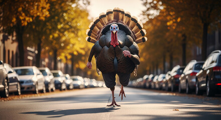 A turkey with human arms runs on street with parked cars. It represents comical, urgent situation, likely a Thanksgiving reference or joke