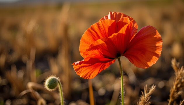 Red poppy flower blooming in golden field during summer - Powered by Adobe