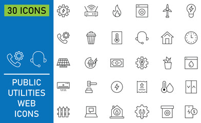 Set of public utilities web icons in outline style. Containing home, electric, energy, water, public, service, fire, plumbing, repair, call and more. Symbolize various essential. Vector illustration