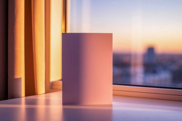 A vertical mockup of a blank postcard or sheet of paper on a white windowsill illuminated by an orange sunset, against a blurred cityscape.