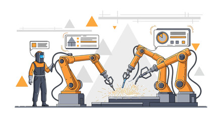 Automation in modern manufacturing: A welder oversees robotic arms in factory assembly line