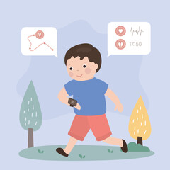 Cute little boy wear smart watch on wrist. Smart gadget for - talking, navigation, parental control and healthy lifestyle. Funny kid with electronic watch.