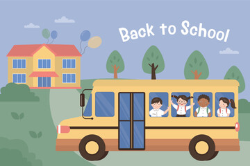 Multiethnic little kids, boy and girl ride bus and go to school. Start education process. Back to school. Bus ride on road. School building  on background.