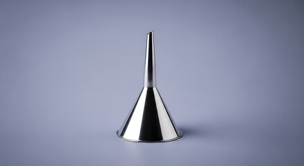 Fototapeta premium A silver metal funnel with a narrow spout on a light gray background in a studio setting