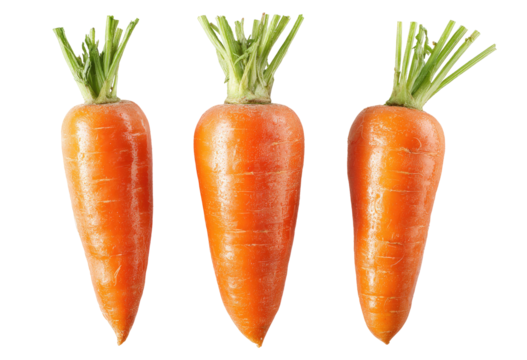 Three fresh, whole carrots, vibrant orange-colored, displayed vertically against a black background.  Each carrot has a top with green leafy stems
