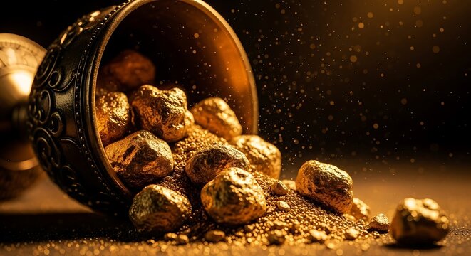 Golden nuggets spilling from ornate container