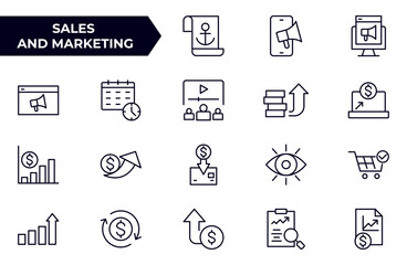 Sales and Marketing Icon Set. A dynamic collection of icons designed to enhance branding, promotions, and customer engagement, perfect for marketing materials and business applications.