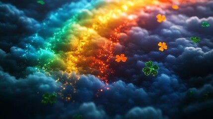 Obraz premium Rainbow Sparkle Clouds With Shamrocks Floating