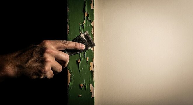 Close-up of a worker's hand using sandpaper to remove old, peeling green paint from a wooden surface during a home improvement or DIY project with dramatic lighting