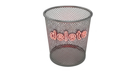 Neon Delete Word Glowing In Wire Mesh Trash Can