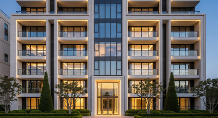 Fototapeta premium Modern Luxury Apartment Building Facade with Balconies and Landscaping