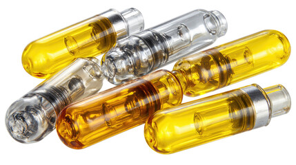 Close up detailed view of yellow medical ampoules arranged neatly, highlighting pharmaceutical precision, sterile design, and healthcare concept visuals

