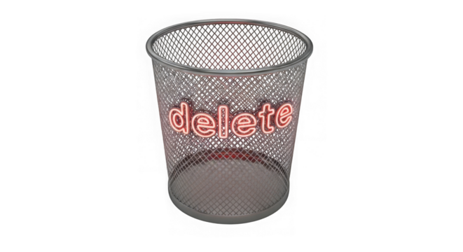 Neon Delete Word Glowing In Wire Mesh Trash Can