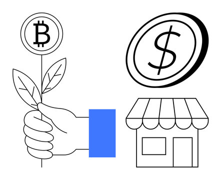 Hand holds plant with Bitcoin, dollar coin, storefront. Ideal for finance, growth, cryptocurrency, savings, investment business entrepreneurship. A simple flat metaphor for economic opportunity