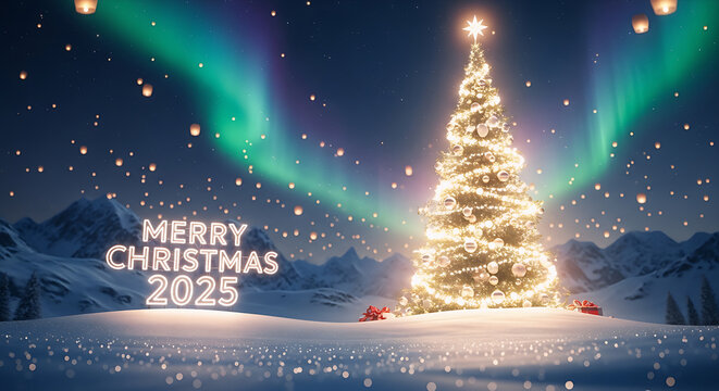 Merry Christmas 2025 beneath vibrant aurora lights