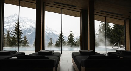Luxurious spa interior with dark daybeds and a steaming outdoor pool overlooking a serene, snow-covered mountain landscape through panoramic windows