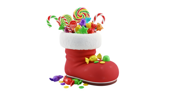 A festive red christmas boot overflowing with colorful candies and lollipops, isolated on transparent background, creating a joyful and whimsical holiday scene with a sweet treat theme - Powered by Adobe