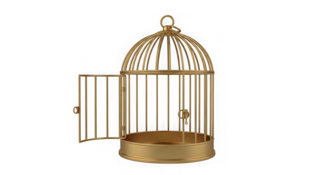 Open Golden Birdcage On Black Background