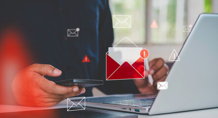 Email security threat and spam warning concept. Person click email with red warning icons and envelope representing email threats, phishing, spam alerts, cybersecurity risk in digital communication