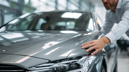 A man inspects a car s exterior in a dealership considering a purchase