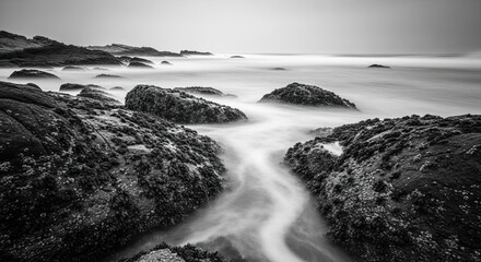 Timeless black and white seascape featuring a long exposure of the ocean, with silky smooth water weaving through rugged, barnacle-encrusted rocks under a soft, ethereal sky
